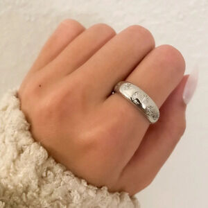 925 Sterling Silver Dainty Moon & Star Dome Ring Minimalist Ring Band